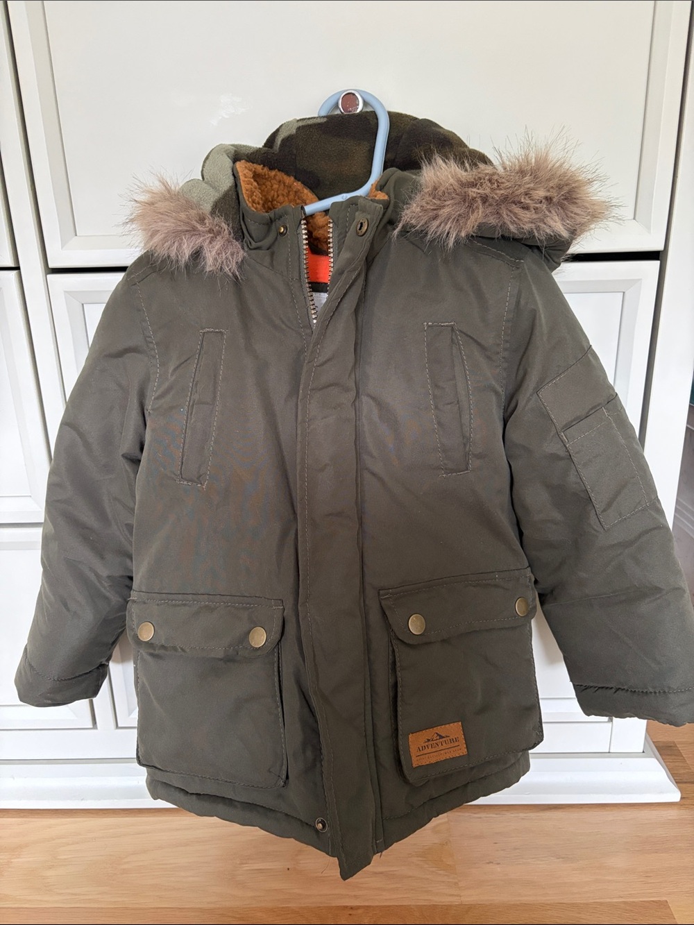 Boys size 5 Olive Green Hooded Parka Jacket with Faux Fur Trim